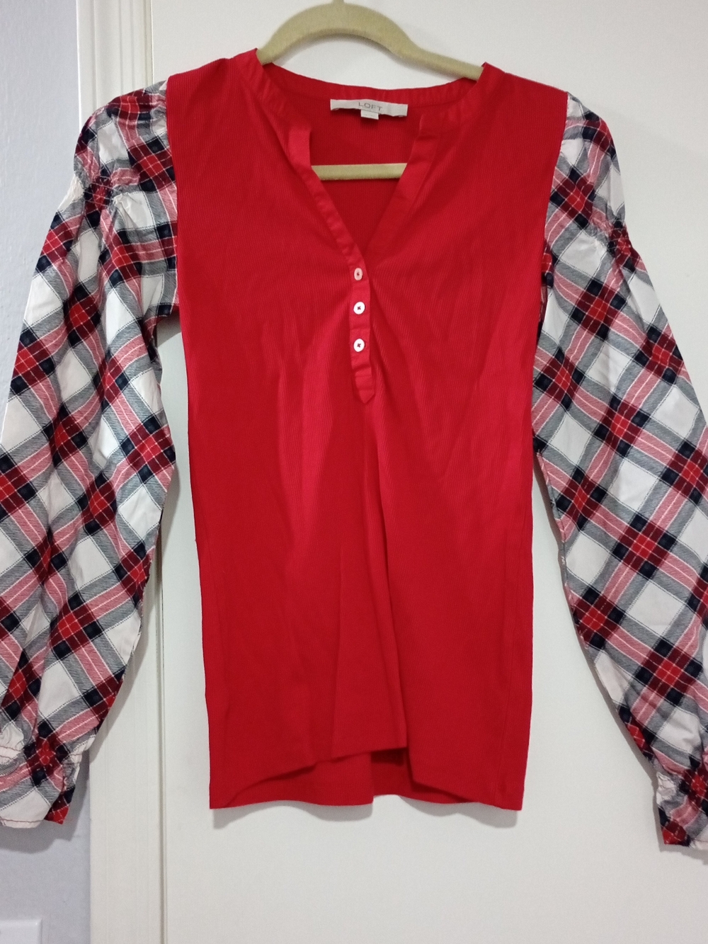LOFT Red Henley Top with Plaid Sleeves